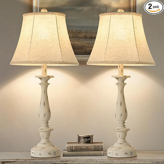 AIDENOEY 28.5" Traditional Table Lamp Set of 2, Rustic Farmhouse Table Lamps for Living Room Bedroom, Bedside Desk Lamps Vintage Nightstand Lamps with Silk Fabric Shades, Distressed White