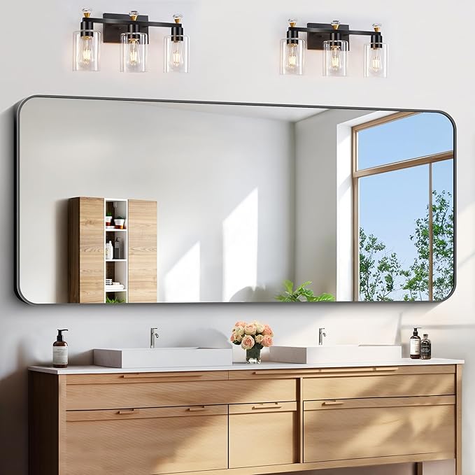 FORBATH Large Bathroom Mirror 72x30 Inches, Black Oversized Wall Mirror for 2 Sinks Aluminum Frame Wall Mounted Rounded Corner Morndern Mirror for Bathroom Bedroom Entryway Living Room