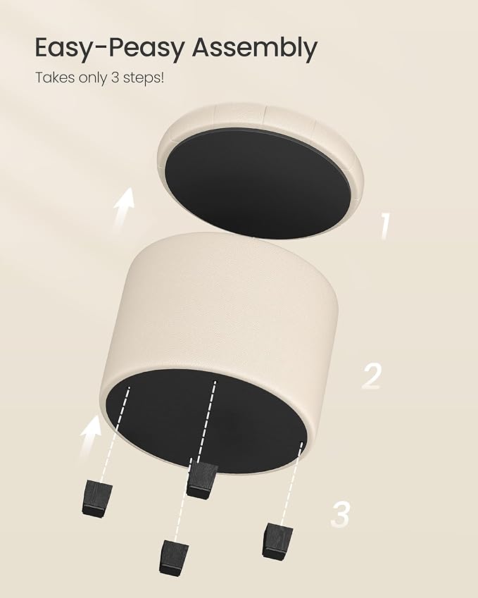 SONGMICS Round Ottoman, Ottoman with Storage, 17.7 x 17.7 x 17.5 Inches, Foot Rest with Legs, Linen-Look Fabric, Load up to 330 lb, for Living Room, Bedroom, Light Beige ULOM011W01