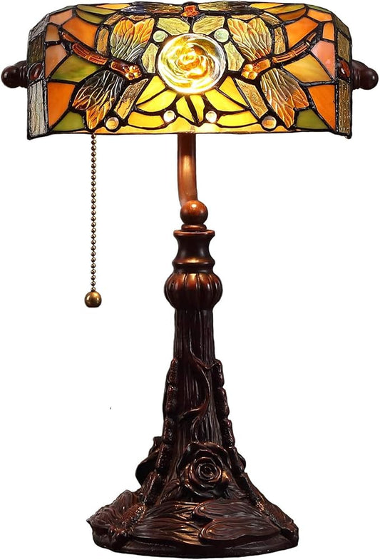 Bieye L10308 Dragonfly Tiffany Style Stained Glass Banker Desk Table Lamp with 10-inches Wide Lampshade for Reading Working, 16 inches Tall (Amber)