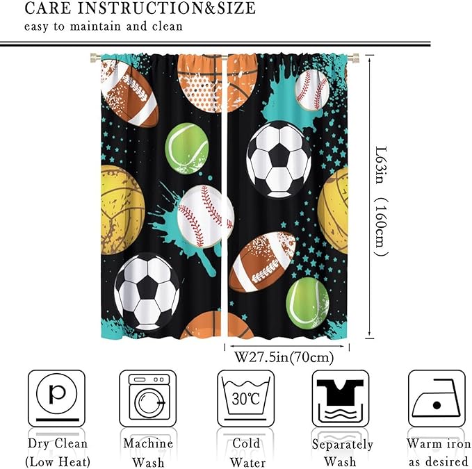 JESTRONRY Sport Window Curtains,Abstract Basketball Football Soccer Rugby Baseball Sports Theme Home Fabric Living Room Kids Boys Girls Teens Bedroom Home Decor Blackout Drapes W55xL63in