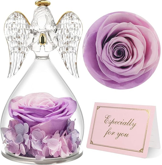 Yamonic for Mom, Moms Birthday Gifts for Women Grandma, Angel Figurines with Preserved Real Flowers Rose for Mothers Day, Wife Anniversary, Valentine's Day Gifts for Her(Pink+Purple)