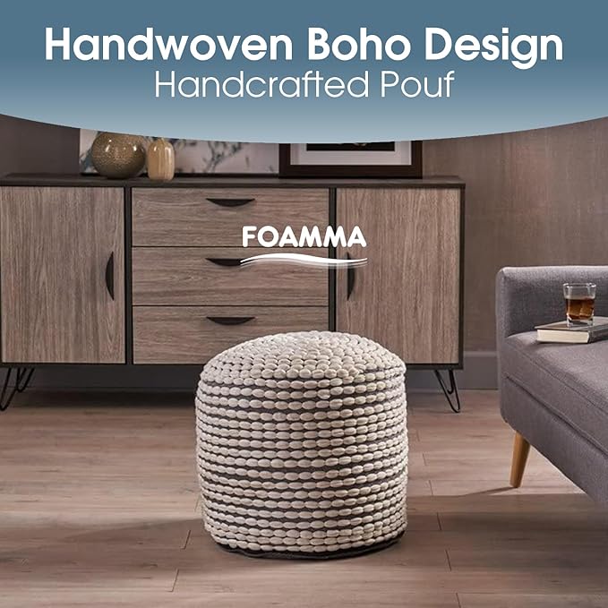 Foamma Pouf Ottoman 20" 20"x18", White - Cylindrical Ottoman Foot Rest for Living Room and Bedroom, Pouf Footstool with Boho Design, Foot Rest for Couch with Water Resistant Fabric, Boho Furniture