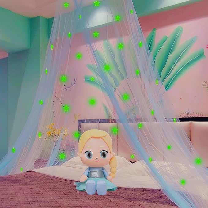 Eimilaly Two-Tone Bed Canopy Stars Glow in The Dark White Blue, Mosquito Net Bed Canopy for Girls Room Decor, Single Door