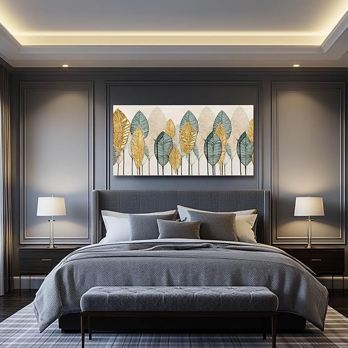 CHUDANHAO Green Wall Art Gold Wall Decor Leaves Prints Pictures Textured Bedroom Decor Line Painting Green Paintings Wall Decorations 24”x48” Artwork for Living Room Dining Room