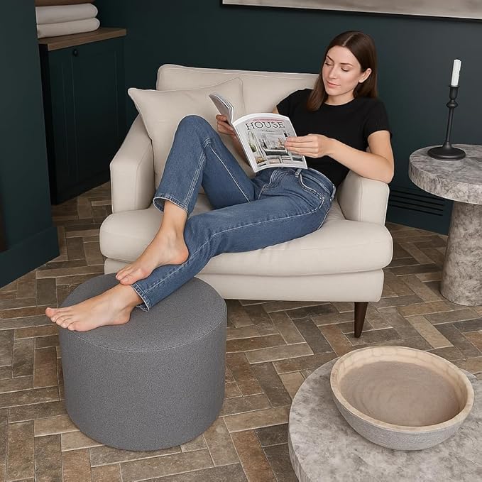 Round Pouf Ottoman and Foot Rest, Soft Boucle Footstool Ottomans for Living Room, Comfort Sponge Stuffed Poofs for Couch Desk Resting Your Feet, Grey(17.1" D x 17.1" W x 14" H)