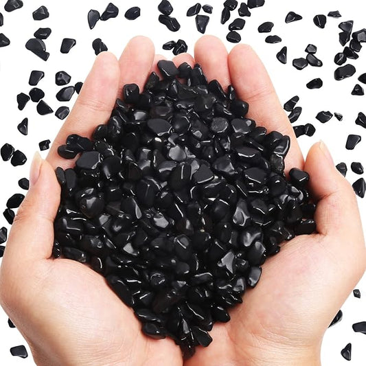 QICQDRAM Black Obsidian Tumbled Stone Chips 0.9 Lb/405g Natural Crystal Stone Decorative Pebbles for Home Decoration & Fish Turtle Tank, Vase Filler, Plants Decor