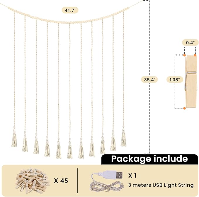 Macrame Hanging Photo Display Boho Wall Decor with String Lights Wooden Beads Garland Picture Frame Collage Holder with 45 Clips for Room, Bedroom, Dorm, Christmas Teenage Teen Girl Gifts (Beige, Large)