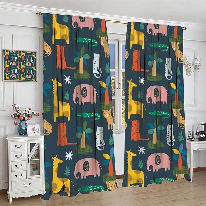 Nursery Safari Animals Curtains Baby Boy Kids Woodland Jungle Forest Lion Elephant Printed Curtains for Living Room Bedroom Window Drapes Fabric 2 Panels 42 (W) X 54(H) Inch