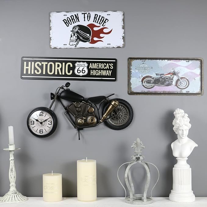 Vintage Desk Clock Tabletop Clock Motorcycle Gifts for Men Rustic Farmhouse Decor Gifts for Dad Him Boyfriend Battery Operated No Ticking Antique For Mantle Shelf Decorations Living Room Office Black