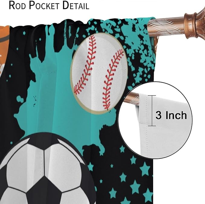 JESTRONRY Sport Window Curtains,Abstract Basketball Football Soccer Rugby Baseball Sports Theme Home Fabric Living Room Kids Boys Girls Teens Bedroom Home Decor Blackout Drapes W42xL63in