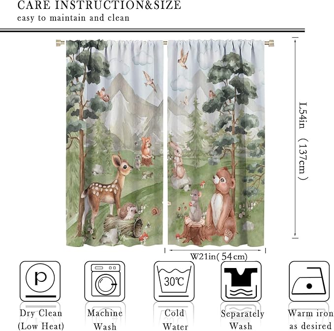 Forest Animal Kids Curtains, Wild Rustic Bear Fox Deer Children Cartoon Window Treatments for Living Room, Watercolor Blackout Drapes 2 Panel Sets,42x54 Inch
