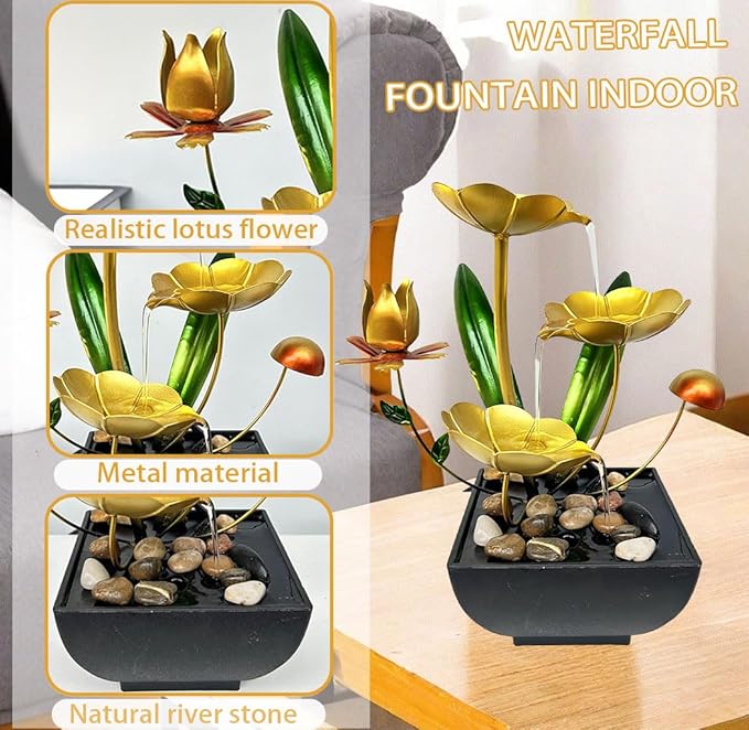 Water Fountain Indoor Waterfall Fountain Tabletop Fountain Lotus Desk Fountains mall Water Fountain Indoor Mini Waterfall Waterfall Iron Home Decor for Office Decoration (Golden C)