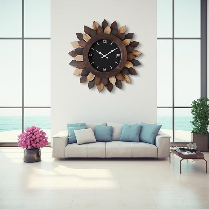 24'' Large Wall Clock for Living Room Deco Boho Decorative Big Oversized Silent Battery Operated Farmhouse Wood Wall Clock for Office Home Dinning Room Bedroom Kithen