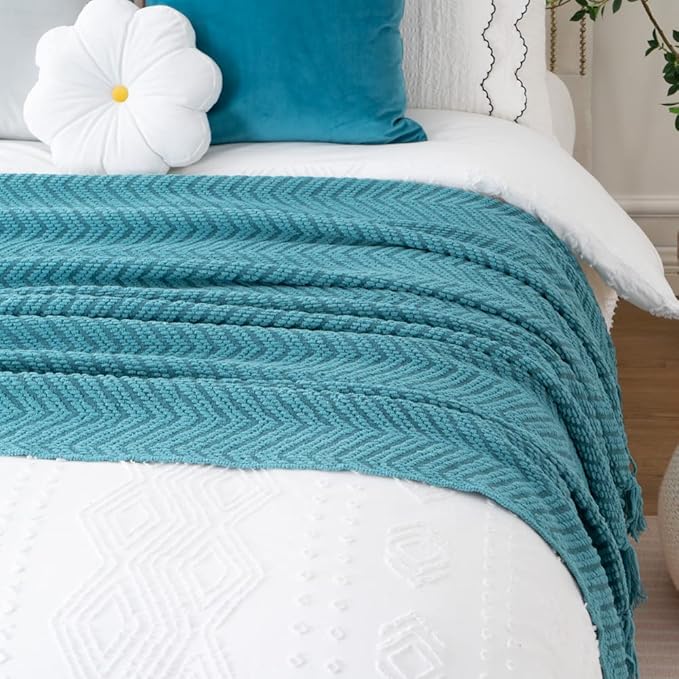 BATTILO HOME Teal Throw Blanket for Couch, Knit Woven Turquoise Blanket Versatile for Chair, Super Soft Warm Decorative Blanket with Tassels for Bed, Sofa and Living Room, 60" x 80"