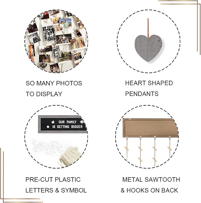 Buecasa Slotted Felt Letter Board with 340 Letters and 30 Clips - Rustic Picture Frames Collage Wall Decor Sign - Multi Photos Cards Organizer 15.7x5 Inches (Grey)