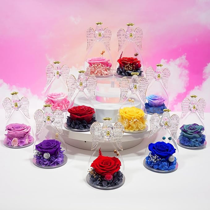 Yamonic Christmas Birthday Gifts for Mom, Angel Figurines with Real Rose Gifts for Her Mom Grandma, Preserved Rose in Glass Angel Figurines for Mothers Day Valentine's Day Gifts for Women (Red Sky)