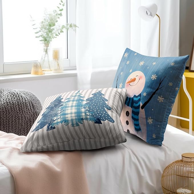 Winter Snowman Throw Pillow Covers - Buffalo Plaid Trees Pillow Covers 20x20 Set of 2 Snowflake Pillowcases Ice Crystal Snow Cushion Covers for Home Sofa Bed
