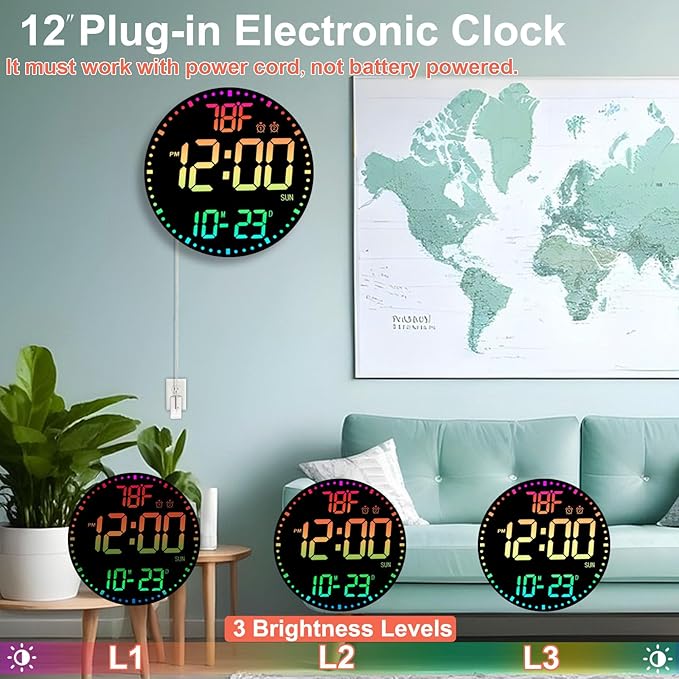 Large 12" RGB Color Changing Digital Wall Clock with Remote Control | LED Display Plug-in Clock with 3 Brightness Levels & Temperature Display | Perfect for Home, Gym, Classroom, Office