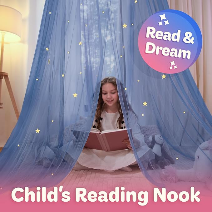 Blue Canopy Bed, Blue Bed Canopy with Glow in The Dark Stars for Girls, Boys, Kids and Babies, Net Use to Cover The Baby, Kid, Girls Or Full Size Bed, Fire Retardant Fabric