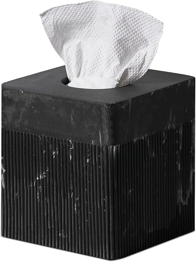 Tissue Box Cover Square Resin Tissue Holder for Home Decor, Hand Poured Marble Tissue Box Holder, 5 x 5 x 5.5 inches, Black