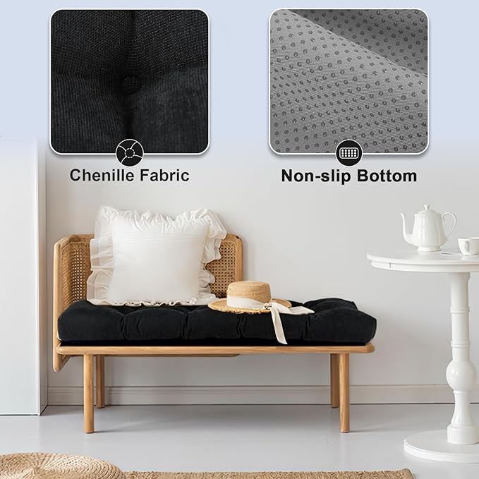 Bench Cushion 45 Inch - Chenille, High-Density Memory Foam, Non-Slip Bottom, Soft Durable Indoor Tufted Long Seat Cushion for Window Garden Furniture (Black, 45x18x4 Inch)