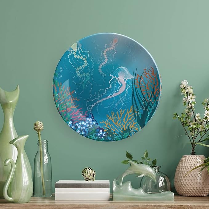 Ceramic Plates, Aquarium Decorative Ceramic Plates, Artistic Jellyfishes Swimming Under The Sea Coral, 8 Inch, for Dining, Parties, Wedding, Blue Pink Orang