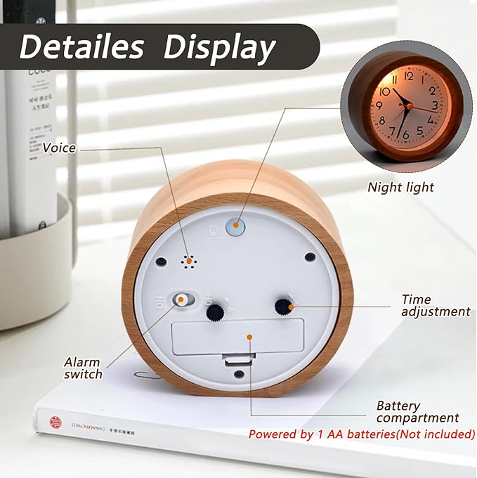 4'' Natural Wooden Analog Alarm Clock with Soft Night Light - Battery Operated Non-Ticking Silent Tabletop Minimalist Desk & Bedside Clock for Bedrooms Living Room Home Office Decor