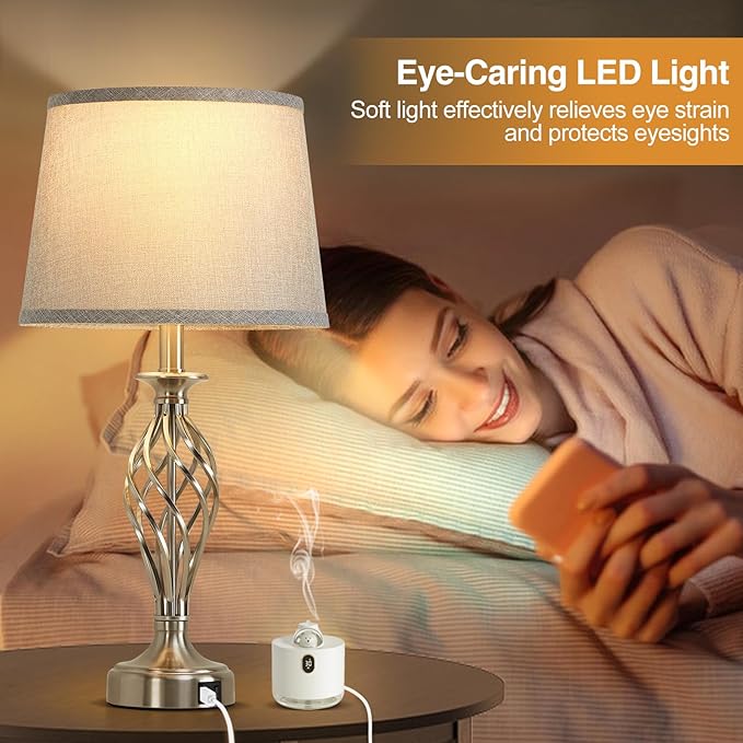 Nightstand Table Lamps for Bedrooms Set of 2 with USB C+A, Bedside Lamps with Spiral Cage Base, Tall Living Room Lamps for End Tables, Modern Night Stand Lamps for Bed Side Guest Room Bulbs Included