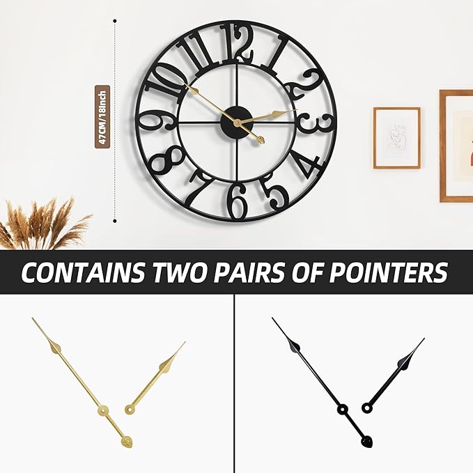 Large Wall Clocks for Living Room Decor, 18 Inch Round Black Metal Silent Non Ticking Battery Operated Jumbo Numerals Modern Vintage Decorative Clock Wall for Bedroom,Kitchen,Office,Farmhouse