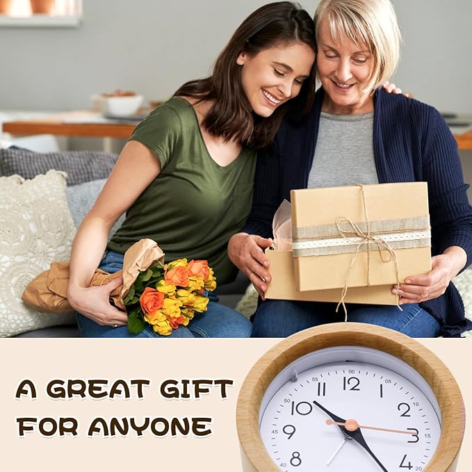 4'' Natural Wooden Analog Alarm Clock with Soft Night Light - Battery Operated Non-Ticking Silent Tabletop Minimalist Desk & Bedside Clock for Bedrooms Living Room Home Office Decor