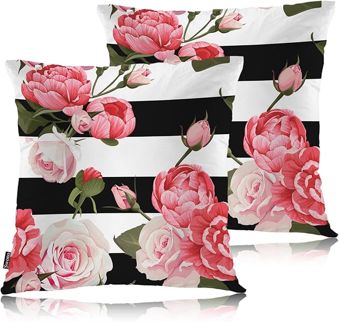 Swono Peony Roses Pillow Covers, Blossom Rose Peony Pink Decorative Pillow Case Home Sofa Cushion Set, Black White Stripes Pillow Cushion Cases for Bed/Patio/Garden/Balcony, 2-Pack, 18x18 Inch