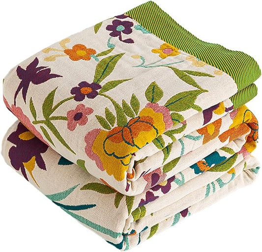 Boho Throw Blanket, 100% Organic Cotton Breathable Ultra Soft 91" x 98" Bed Quilt Throw - All Season Floral Rustic Farmhouse Decor Luxury Reversible Blanket for Sofa Couch Chair and Gift