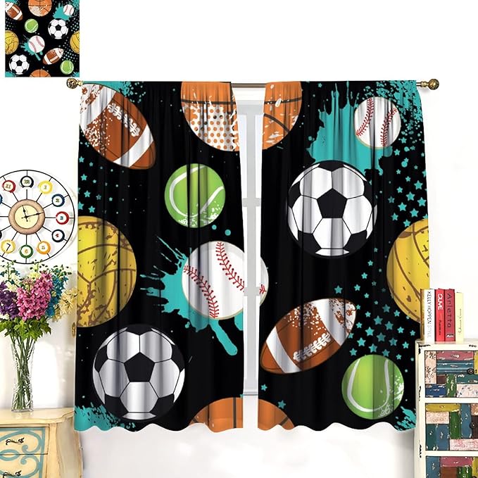 JESTRONRY Sport Window Curtains,Abstract Basketball Football Soccer Rugby Baseball Sports Theme Home Fabric Living Room Kids Boys Girls Teens Bedroom Home Decor Blackout Drapes W72xL63in