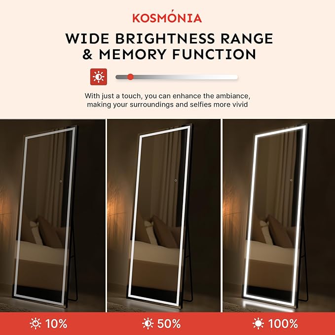 Kosmonia 71x28 Frameless Full Length Mirror, Dimmable 3 Color LED Light w/Memory Function, Distortion Free, HD Reflection & Anti Desilvering, Tempered Glass & Shatter Proof Film Doubling Safety