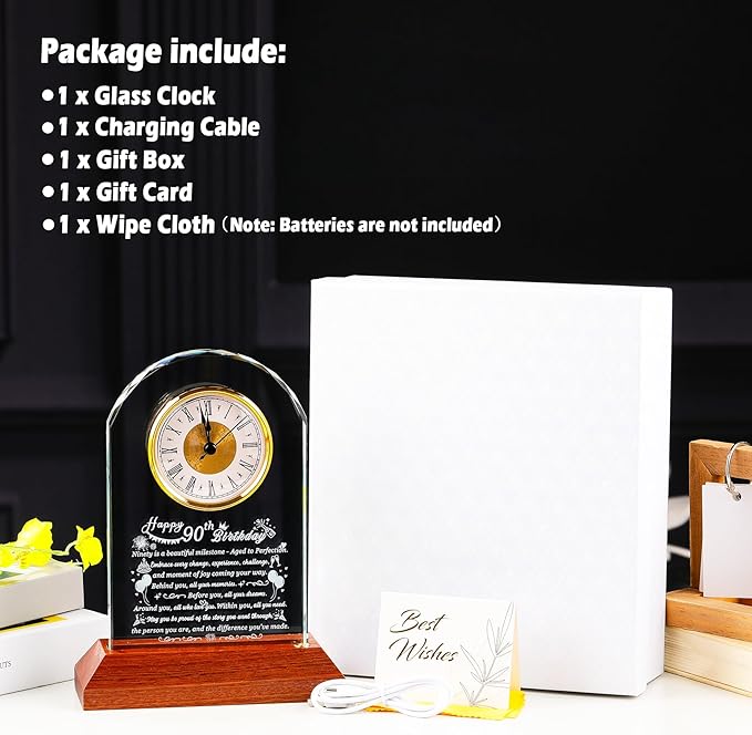 Happy 90th Birthday Glass Clock Gifts for Women, Men - 90 Year Old Birthday Gift with Wooden Light Base for Her Him, Turning 90 Quartz Clock Gift Idea for Mom Dad Unique Decoration
