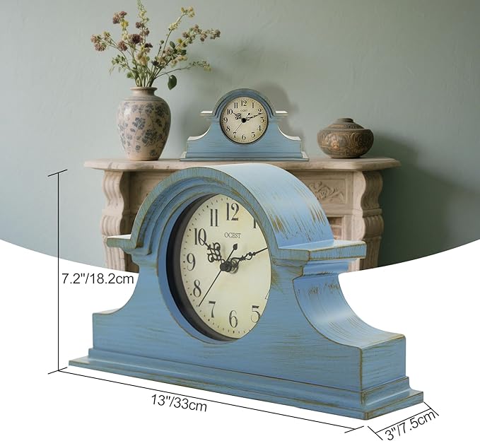 OCEST Vintage Farmhouse Mantel Clock - 13 x 7 Inch Quartz Gilt Finish Battery Operated, Contemporary Napoleon Classic Desk & Shelf Décor for Living Room Office Tabletop Bedside (Azure Blue)