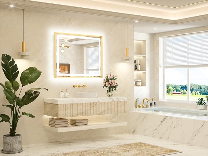 TETOTE 40 x 32 Led Mirror Brushed Gold Metal Frame Frontlit & Backlit Vanity Mirror Anti-Fog Stepless Dimmable 3 Colors White/Warm/Natural Wall Mirror with Lights Wall-Mounted