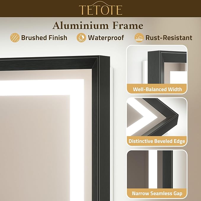 TETOTE 22 x 30 Bathroom LED Mirror Brushed Black Metal Frame Frontlit & Backlit Vanity Mirror Anti-Fog Stepless Dimmable 3 Colors White/Warm/Natural Mirror with Lights Wall-Mounted