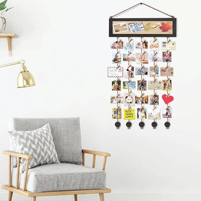 Bikoney Picture Frames Collage Wall Decor Hanging Photo Display Multi Pictures Organizer with Wood Bulletin Board Photo Board 30 Clips and 6 Pushpins for Home and Dorm Room Decor (Black)