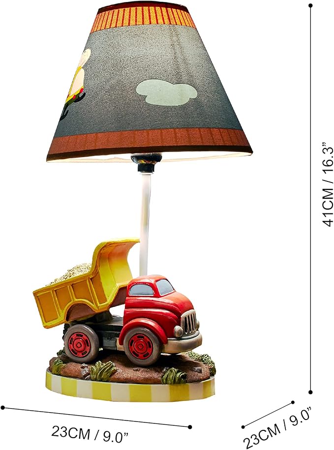 Fantasy Fields Kids Small Table Lamp, Truck Lamp, Car Lamp for Boys Room with Construction Truck Base & Helicopter Printed Shade, Transportation Themed
