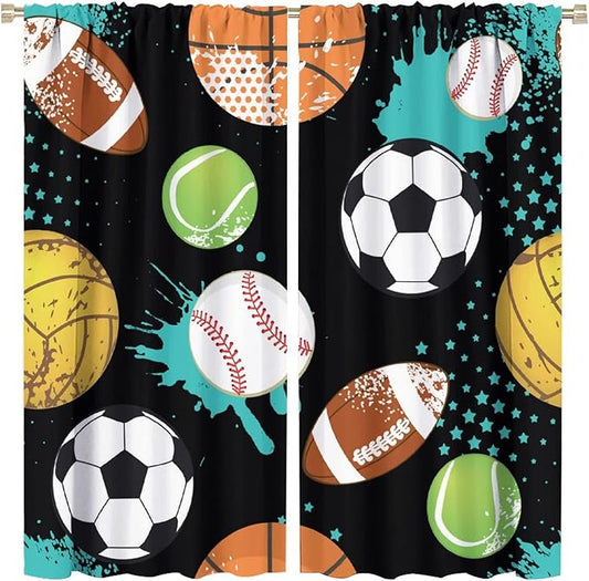 JESTRONRY Sport Window Curtains,Abstract Basketball Football Soccer Rugby Baseball Sports Theme Home Fabric Living Room Kids Boys Girls Teens Bedroom Home Decor Blackout Drapes W52xL84in