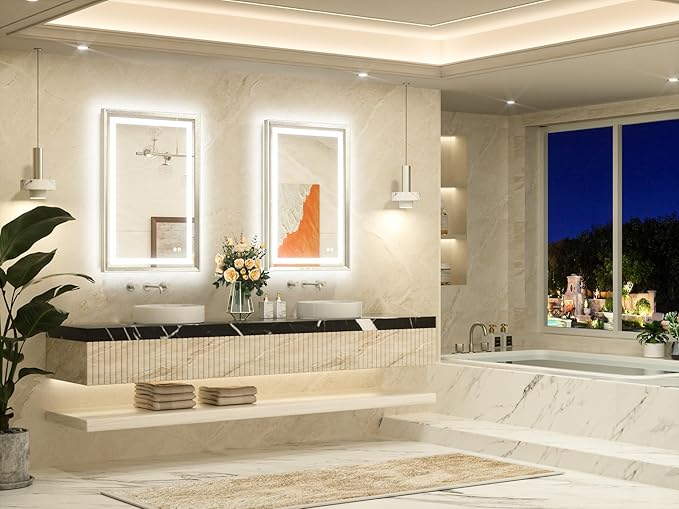 TETOTE 24 x 36 Bathroom LED Mirror Brushed Bright Nickel Metal Frame Frontlit & Backlit Vanity Mirror Anti-Fog Stepless Dimmable 3 Colors White/Warm/Natural Mirror with Lights Wall-Mounted