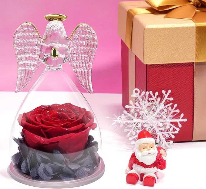 Yamonic Christmas Birthday Gifts for Mom, Angel Figurines with Real Rose Gifts for Her Mom Grandma, Preserved Rose in Glass Angel Figurines for Mothers Day Valentine's Day Gifts for Women (Red Sky)