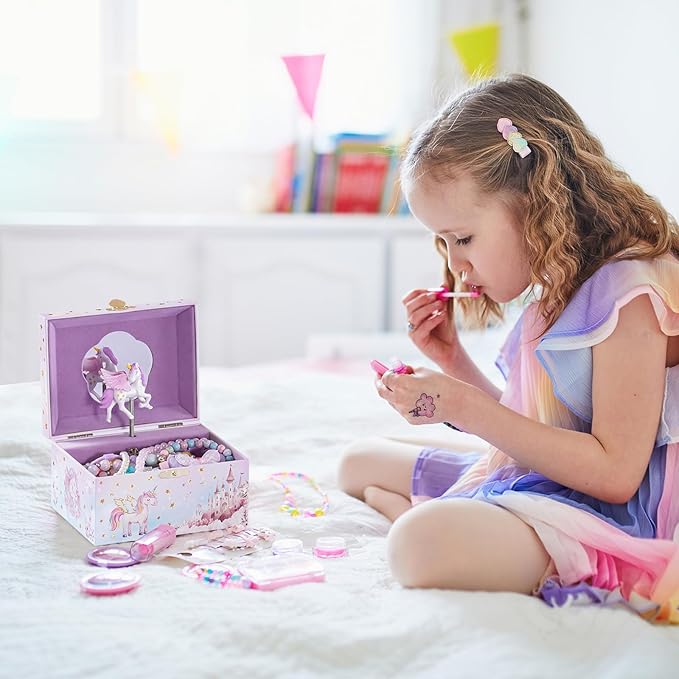 Lolalet Unicorn Music Jewelry Box for Girls, Kids Musical Jewelry Boxes with Spinning Unicorn Doll, Cute Children's Jewelry Storage Organizer Gift for Little Girls Age 3-8 -Pink (Box with Jewelry)