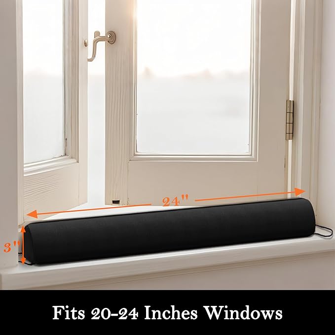 Sunolga 24" Door Draft Stopper Blocks Hot Cold Air with Removable Washable Cover for Gaps Up to 3", All-Season Noise and Wind Seal for The Bottom of Window, Black