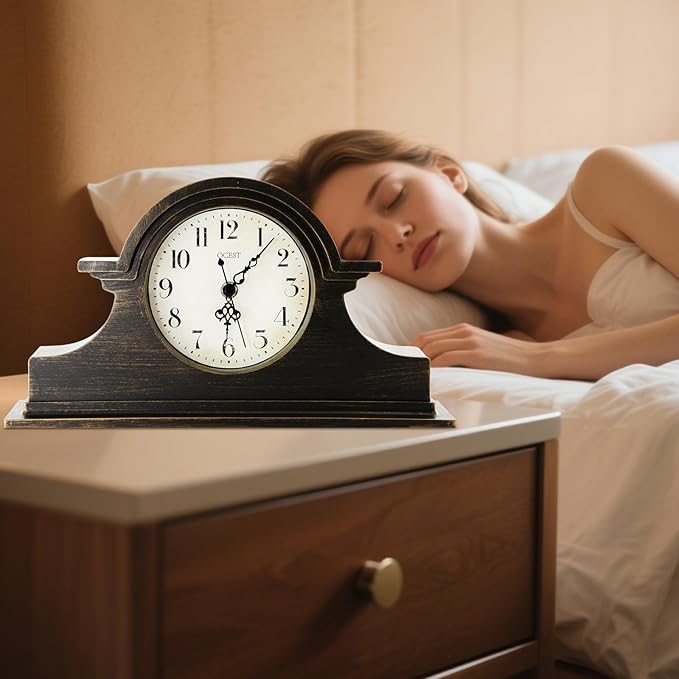 OCEST Vintage Farmhouse Mantel Clock - 13 x 7 Inch Quartz Gilt Finish Battery Operated, Contemporary Napoleon Classic Desk & Shelf Décor for Living Room Office Tabletop Bedside (Walnut Brown)