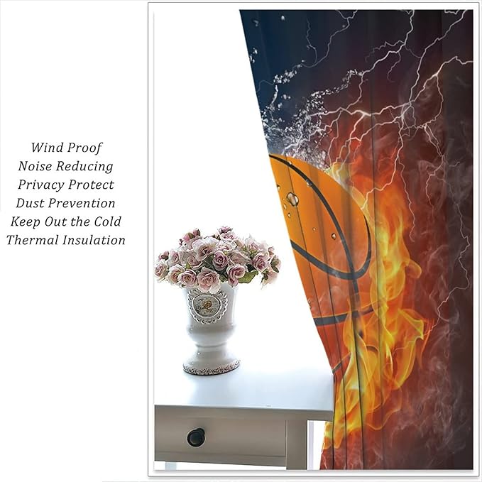 JESTRONRY Boys Basketball Curtains,Kids Sports Theme Fire Ball Water Flame Splashing Room Darkening Door Window Rod Pocket Curtain for Living Room Teen Men Bedroom Decor W42xL45in