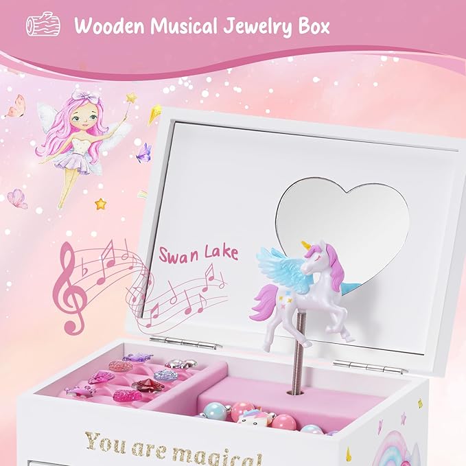 Lolalet Wooden Jewelry Box with Unicorn for Girls, Musical Children's Jewelry Organizer, Gift for Toddler Age 2 3 4 5 6 7 8 9 on Birthday -White