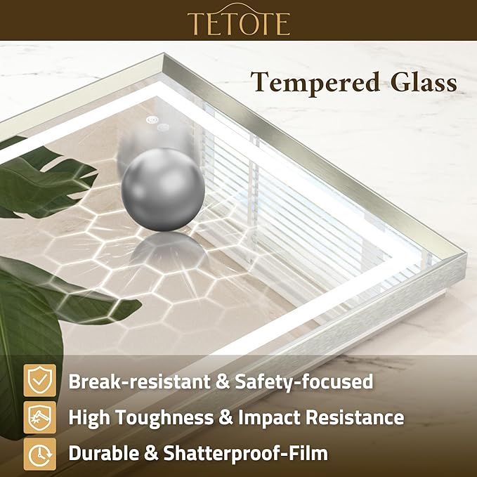 TETOTE 60 x 28 Large Bathroom Mirror Brushed Bright Nickel Metal Frame Frontlit & Backlit Vanity Mirror 3 Colors White/Warm/Natural Stepless Dimmable Anti-Fog Bathroom Mirrors for Vanity Wall-Mounted